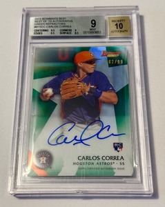 lot 18 image: Carlos Correa RC Auto 99 Beckett Graded 9 Mint and 10 Auto 2015 Bowmans Best Green Refractor Best of 15 Autographs #B15CC Numbered 6299 Minnesota Twins Baseball Card
