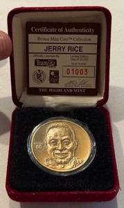 lot 104 image: Jerry Rice Limited Edition Bronze Mint Football Coin by Highland Mint