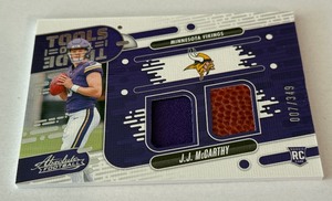 lot 52A image: JJ McCarthy Dual Relic RC 349 2024 Absolute Tools of the Trade #TOTD-JMY Numbered 007349 Minnesota Vikings Rookie Football Card