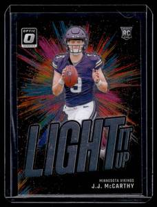 lot 28A image: JJ McCarthy RC Light It Up Insert 2024 Donruss Optic #2 Rookie Minnesota Vikings Football Card