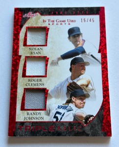 lot 8B image: Triple Relic Game-Used 45 Nolan Ryan, Roger Clemens, Randy Jongosn 2022 Leaf In The Game Used Sports #GTM-14 Numbered 1545 Baseball Card