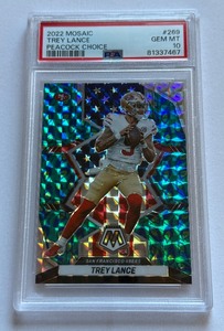 lot 18B image: Trey Lance PSA 10 Gem Mint Peacock Choice 2022 Mosaic #269 Football Card