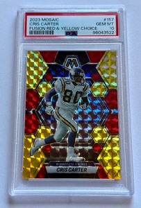 lot 22B image: Cris Carter PSA 10 Gem Mint 80 Fusion Red & Yellow Choice 2023 Mosaic #157 Numbered 2680 Minnesota Vikings Football Cad