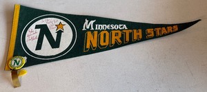 lot 195 image: Dino Ciccarelli and Neal Broten Signed Vintage Minnesota North Stars Pennant With Pin - Hockey