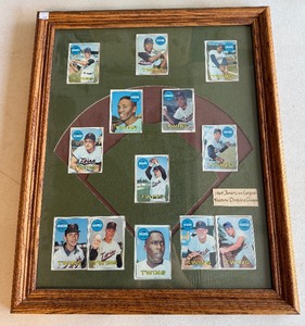 lot 203 image: 1969 Topps Minnesota Twins Western Division Champions Lineup - Oliva, Killebrew, Carew, Kaat, Perry Vintage Baseball Card Framed Piece