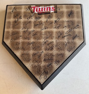 lot 4B image: Minnesota Twins Team Signed Home Plate - Joe Mauer, Justin Morneau and 50 Total Autohtaphs