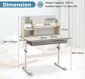 lot 21 image: Costway Kids Height Adjustbale Study DeskLearning Table wTiltable Desktop & Pull Out Drawer Grey  80 cm x 51 cm x 88-110.5 cm  (Maybe Missing Hardware)