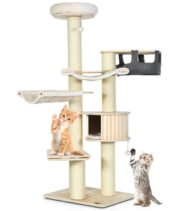 lot 25 image: Tangkula Large Cat Tree, Multi-Level Tall Cat Tower with Sisal Scratching Posts, Hammocks, Hanging Basket, Cat Condo and Removable Washable Cushions, Modern Wood Cat Tree for Indoor Cats Large Adult 29.5L x 22W x 75H