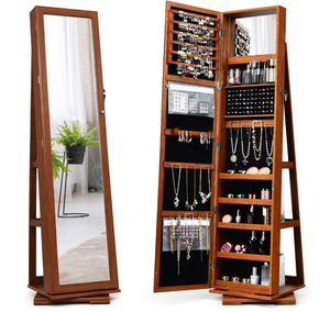 lot 45 image: CHARMAID 360° Swivel Jewelry Armoire with Higher Full Length Mirror, Standing Lockable Jewelry Cabinet Organizer with Large Storage Capacity, Inside Makeup Mirror, Back Storage Shelves (Walnut) (Transit Damage, See Photos)