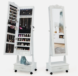 lot 46 image: Freestanding Jewelry Storage Organizer cabinet Jewelry Armoire wLock & Drawers BROWN 18 x 14 x 62 (Use Photo for Reference of Style, Color is Brown NOT White)