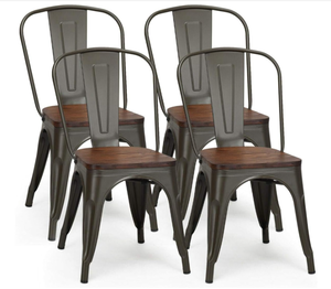 lot 86 image: COSTWAY 18 Inch Dining Chair Set of 4, Industrial Vintage Stackable Metal Chairs, Counter Bar Chairs with High Backrest, Wood Seat, for Home, Kitchen and Cafe Bar Use