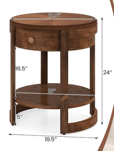 lot 407 image: Giantex Round Side Table, 2-Tier Wooden End Table with Drawer and Shelf, Vintage Wood Grain Finish, Retro Circle Night Stand for Living Room Bedroom, Walnut (19.5D x 19.5W x 24H)