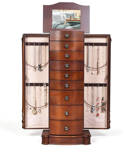lot 64 image: GOFLAME Jewelry Chest Armoire Cabinet Standing with Top Flip Mirror, Jewelry Storage Organizer with 2 Side Doors, 8 Drawers, Jewelry Box(Walnut)