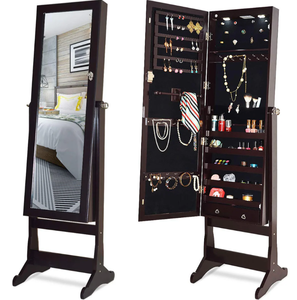 lot 66 image: Giantex 57.5H 2 LEDs Standing Jewelry Cabinet with Full Length Mirror with 2 Drawers, 4 Adjustable Angles, Jewelry Storage Organizer