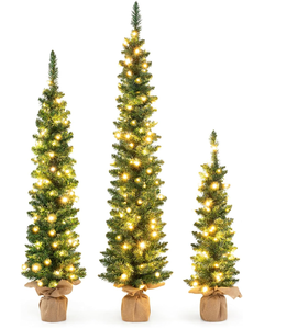 lot 123 image: GOFLAME Set of 3 Pre-Lit Christmas Trees, Pencil Artificial Christmas Trees 3Ft, 4Ft and 5Ft with Warm White LED Lights, Burlap Base, Seasonal Holiday Decoration Tree for Home Party