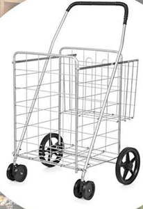 lot 127 image: S AFSTAR Folding Shopping Cart, Metal Grocery Cart wExtra Basket & 360° Swivel Wheels & Non-Slip Handle, Heavy Duty Utility Cart for Grocery Laundry Book Luggage (Silver) (Slightly Used)