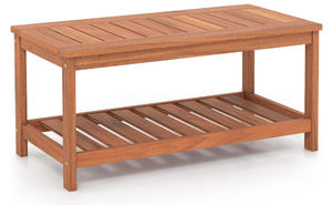 lot 138 image: Giantex Hardwood Patio Coffee Table - 2-Tier Wooden Coffee Table with Slatted Tabletop & Storage Shelf, Outdoor Rectangular Center Table for Backyard, Garden, Poolside, Balcony & Indoor, Walnut 18D x 17.5W x 35.5H