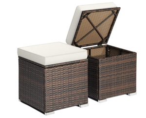 lot 174 image: RELAX4LIFE Wicker Outdoor Storage Ottoman, 2-Piece Rattan Footstool wRemovable Cushion for Patio Deck (Off White)