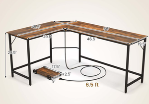 lot 250 image: Costway L-shaped Gaming Desk Computer Desk with CPU Stand Power Outlets Rustic Brown 66.00 x 19.50 x 29.50 in (Transit Damage)
