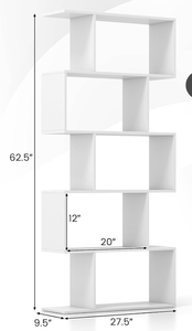 lot 256 image: SILKYDRY 5 Tier Geometric Bookcase, S Shaped Bookshelf, Modern Decorative Storage Shelving, Wooden Room Divider Bookcase, 62.5 Tall Staggered Display Book Shelf for Living Room (2, White)