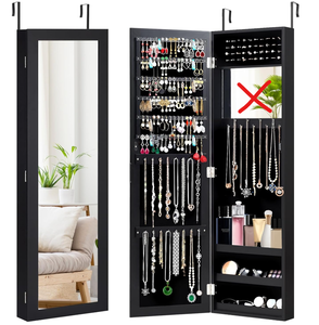 lot 278 image: HAPPYGRILL Wall Mounted Jewelry Cabinet with Full Length Mirror, Over The Door Jewelry Organizer wBuilt-in Makeup Mirror, Storage Shelves, Door Mounted Jewelry Armoire for Women, Girls (Black) (Transit Damage See Photos)