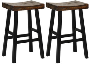 lot 307 image: COSTWAY Wooden Saddle Stools Set of 2, 29-inch Bar Height Stools with Curved Seat Surface, Rubber Wood, Acacia Wood, Footrests, Kitchen Island Counter Stools for Restaurant Cafe Pub, BrownBlack