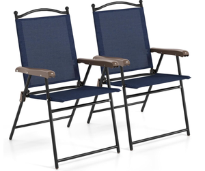 lot 317 image: Byroce Patio Foldable Chair Set, 2 PCs Portable and Stable Chair with Armrest, Lightweight Outdoor Fabric Chair Set, Lounge Chairs with Metal Frame, Sling Back Chairs for Indoor Outdoor (Navy)