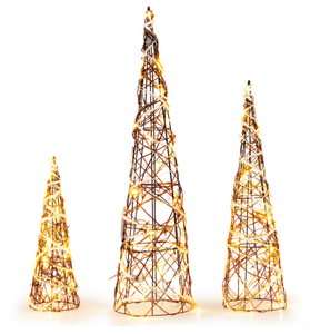 lot 318 image: Costway Set of 3 Lighted Rattan Cone Trees with LED Lights and Metal Frame