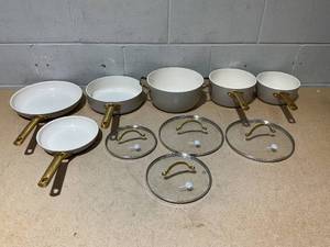 lot 30 image: GreenPan 10 Piece Cookware Set, Non-Toxic PFAS-Free Hard Anodized Healthy Ceramic Nonstick, Stainless Steel Gold Handle, Glass Lids, Dishwasher Safe, Oven & Broiler Safe, Taupe Brown