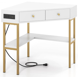 lot 235 image: Silkydry Corner Desk with Charging Station, 90° Triangle Desk w 2 Drawers, Storage Shelves, Corner Vanity Table for Bedroom, Compact Computer Desk for Small Space