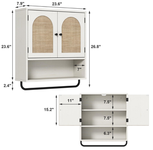 lot 474 image: RUSTOWN Rattan Bathroom Wall Cabinet, Boho Medicine Cabinet with 2 Arched Doors, Farmhouse Over The Toilet Storage Cabinets with Adjustable Shelves & Towel Bar, 3-Tier Wall Mounted Cabinets