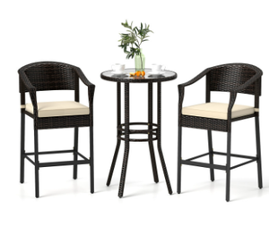 lot 51 image: 3-Piece Patio Rattan Bar Set with Tempered Glass Top for Backyard Poolside