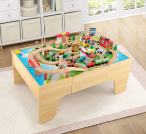 lot 54 image: 84-Piece Wooden Train Set with Reversible and Detachable Tabletop