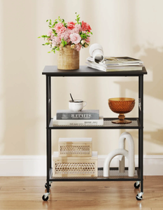 lot 139 image: Costway 3-Tier Kitchen Serving Cart Utility Standing Microwave Rack with Hooks Rustic