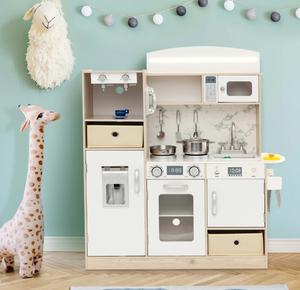 lot 420 image: Costway Kids Pretend Play Kitchen Wooden Toy Playset with LED Lighting & Coffee Maker