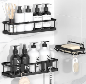 lot 447 image: YASONIC Shower Caddy Adhesive, No Drill Bathroom Shower Organizers, with Removable Hooks and Soap Holder, Rust Proof Shower Shelves, Wall-Mounted Shower Holder, 3 Pack, Black