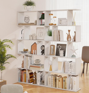 lot 452 image: 5 Tier Geometric Bookcase, S Shaped Bookshelf, Modern Decorative Storage Shelving, Wooden Room Divider Bookcase, 62.5 Tall Staggered Display Book Shelf for Living Room (2, White)