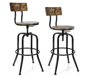 lot 454 image: COSTWAY Industrial Bar Stool Set of 2, Vintage Adjustable Swivel Counter Height Kitchen Dining Chair with Arc-Shaped Backrest, Footrest, Round Seat, Metal Vintage Barstools for Pub, Bistro, Island