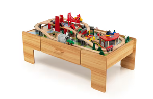 lot 457 image: Costway Kids Wooden Train Set and Double-Sided Table Playset with 100-Pieces and Storage Drawer