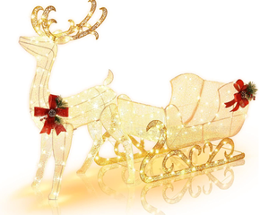 lot 148 image: Tangkula 6 FT Christmas Lighted Reindeer & Santas Sleigh, Xmas Lighted Outdoor Yard Decoration W 215 LED Lights & 4 Ground Stakes, Artificial Christmas Dcor for Indoor & Outdoor