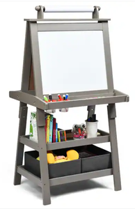 lot 152 image: Costway Grey 3-in-1 Kids Art Easel with Double-Sided Blackboard Whiteboard Paper Roll and Storage - 23.5 x 19.5 x 46 (L x W x H) (Toys in Photo Not Included)