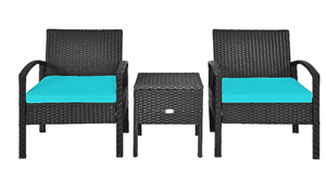 lot 163 image: Costway 3 -Piece Rattan 2 Patio Sofa Conversation Set with Blue Cushions
