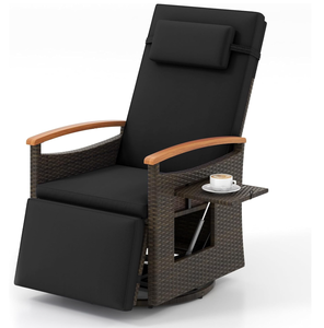 lot 193 image: Tangkula Patio Rattan 360 Degree Swivel Recliner Chair, Wicker Lounge Chair wAdjustable Backrest & Footrest, Cushioned Push Back Reclining Seat wFlip Side Table for Porch, Yard, Lawn (Black)