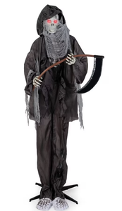 lot 195 image: Boyel Living 8.5ft Sound Activated Grim Reaper Halloween Prop with Glowing Eyes