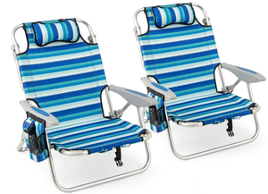 lot 196 image: GYMAX Beach Chairs for Adults, 330lbs Reclining Backpack Beach Chairs wAdjustable Backrest, Cooler Bag, Cup Holders & Towel Rack, Lightweight Folding Aluminum Camping Chair for Lawn (2,Blue Stripe)