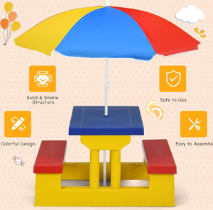 lot 382 image: KOTEK Kids Picnic Table, Outdoor Kids Table and Bench Set wRemovable Umbrella, Plastic Children Patio Furniture, Toddler Picnic Tables for Backyard, Garden, Nursery, Gift for Boys Girls (Multicolor)