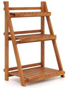 lot 383 image: S AFSTAR 3-Tier Folding Plant Stand, Wood Ladder Flower Rack with Anti-falling Bars, Corner Storage Shelves for Book, Decorations, Potted Flower Stand Holder for Living Room, Balcony, Study, No Assembly (Missing Instructions)
