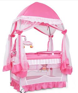 lot 395 image: BABY JOY 4 in 1 Pack and Play with Canopy, Portable Baby Playard with Bassinet, Double-Layer Baby Crib, Wheels & Brake, Foldable Baby Girl Pink Princess Bassinet from Newborn to Toddler