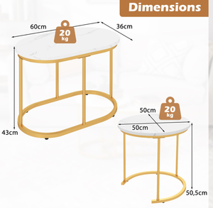 lot 483 image: Costway Coffee Table Set of 2 Modern Side Tables with White Faux Marble Top Oval Coffee Table 60 x 36 x 43 cm Round Side Table 50 x 50 x 50 cm