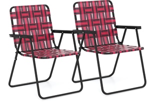 lot 485 image: GYMAX Folding Chair, Patio Lawn Chair Set with Armrest, IndoorOutdoor 2 Pack Webbed Lightweight Dinning Chair, Portable Beach Chair for Outside, Poolside, Backyard (Red, 2)